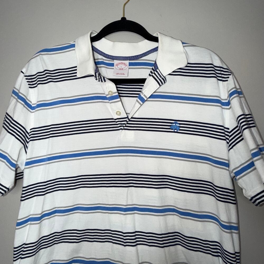 Brooks Brothers Mens Size Large Blue Gray Stripe Short Sleeve Casual Polo Shirt